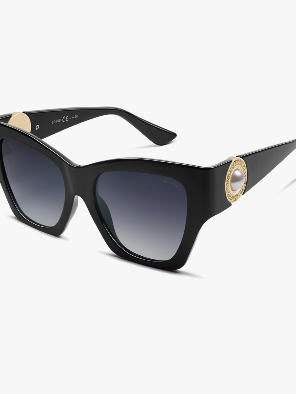 Sleek Black Cat-Eye Sunglasses with Pearl Medallion